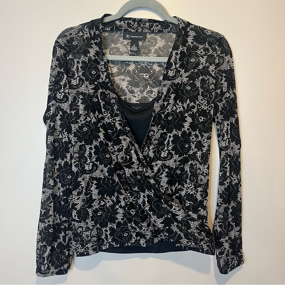 INC size small black cream sheer top attached camisole business whimsigoth